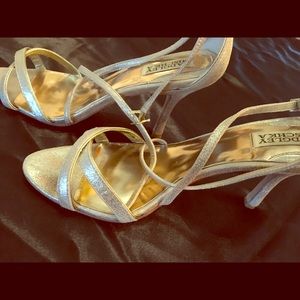 Badgley Mischka silver, strapping evening heels.